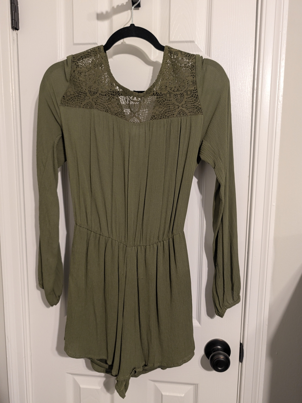 Long-Sleeve Olive Green Lace Yoke Women's Romper